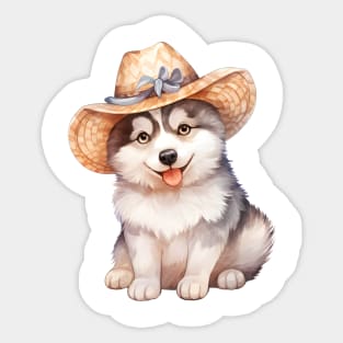 Watercolor Siberian Husky Dog in Straw Hat Sticker
